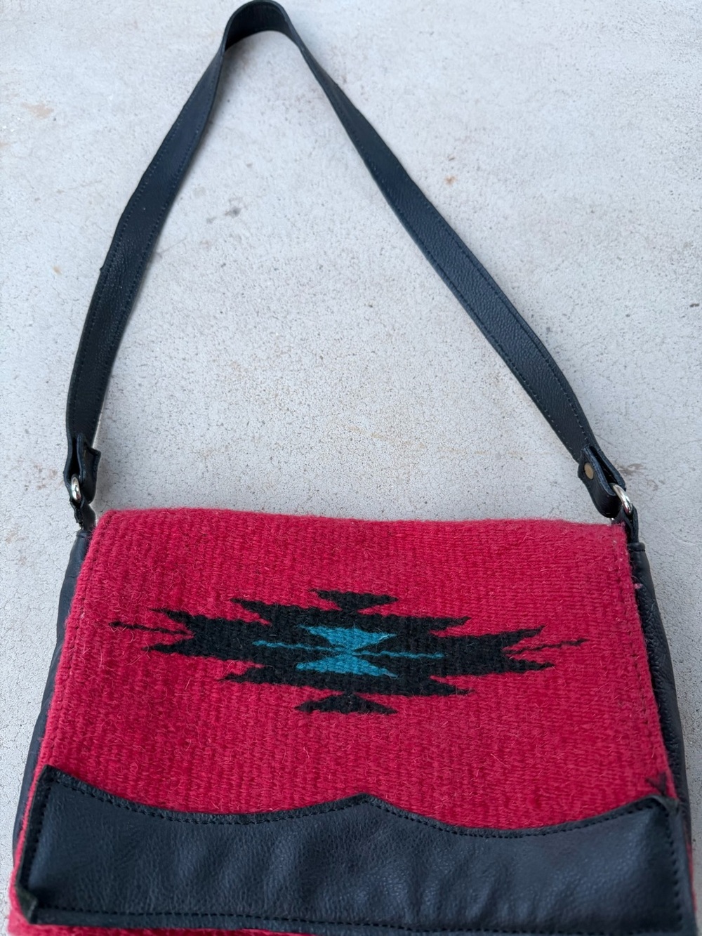 Vintage Red Southwestern Pattern Shoulder Bag with Black Trim